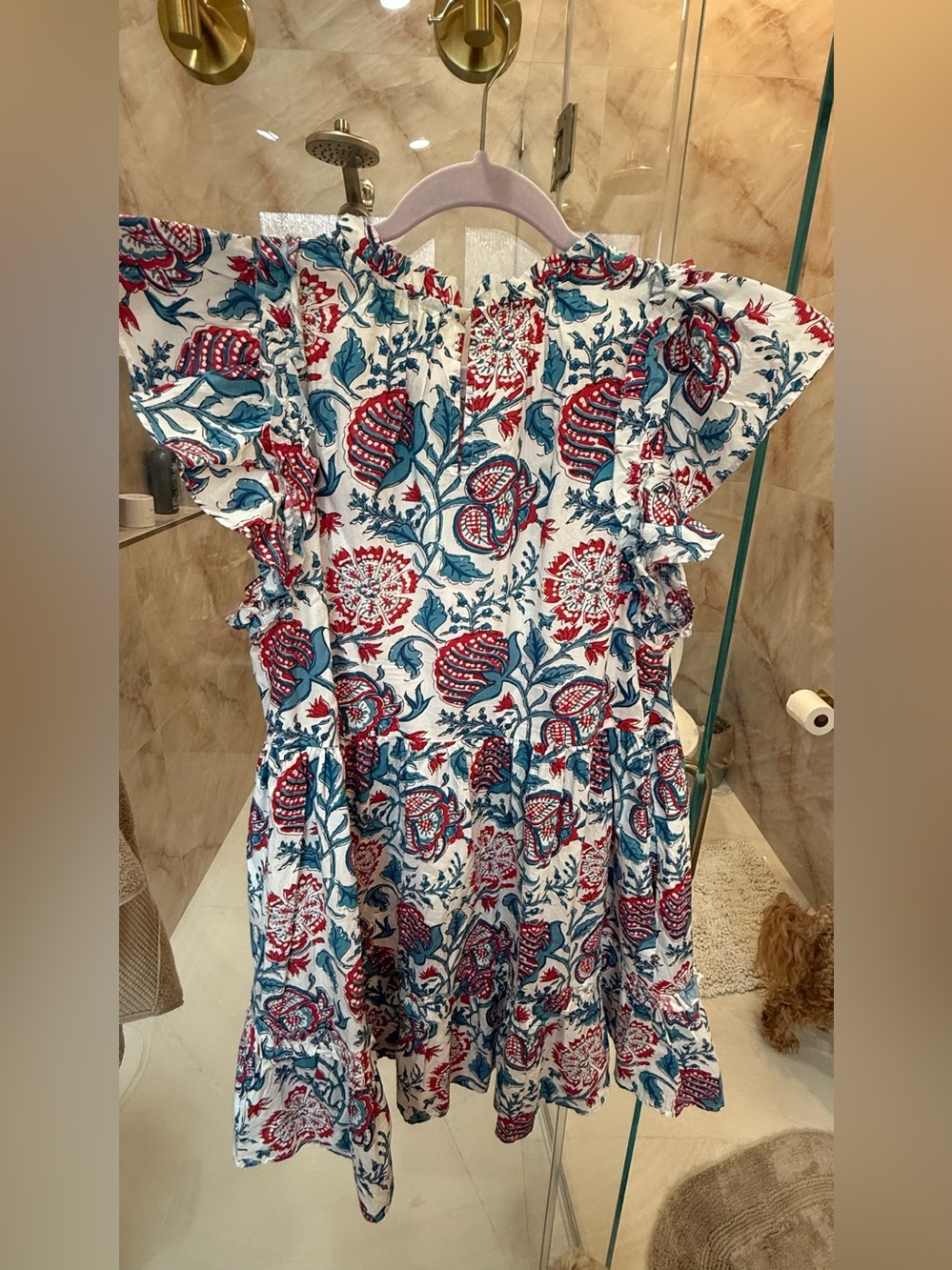 Caroline Constas Woman Floral Ruffle Sleeve Dress in White, Blue & Red